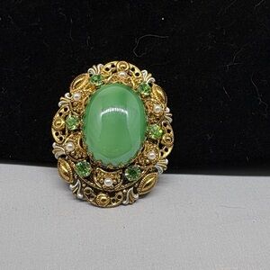 Ornate Green and Gold Brooch with Pearl Accents